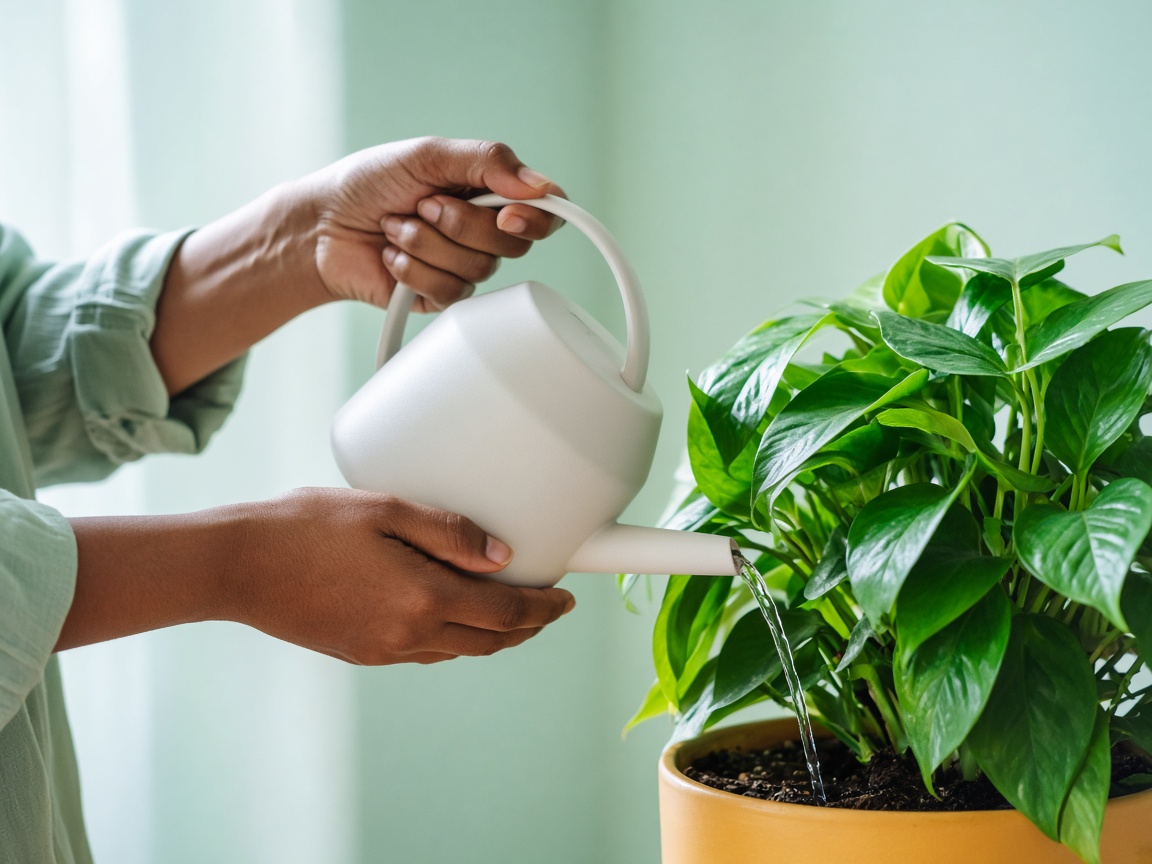 Hands watering a houseplant in morning light