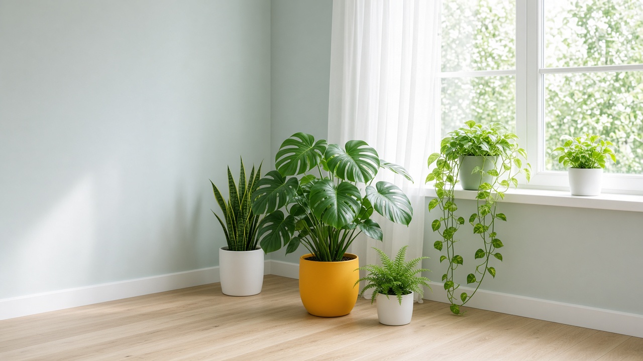 Sunlit apartment plants beside a large window