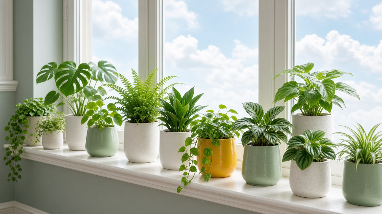 A windowsill full of houseplants in daylight